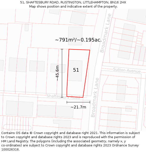 51, SHAFTESBURY ROAD, RUSTINGTON, LITTLEHAMPTON, BN16 2HX: Plot and title map