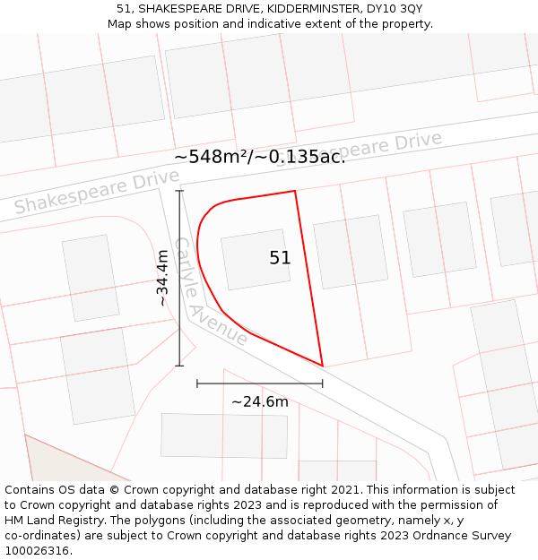 51, SHAKESPEARE DRIVE, KIDDERMINSTER, DY10 3QY: Plot and title map