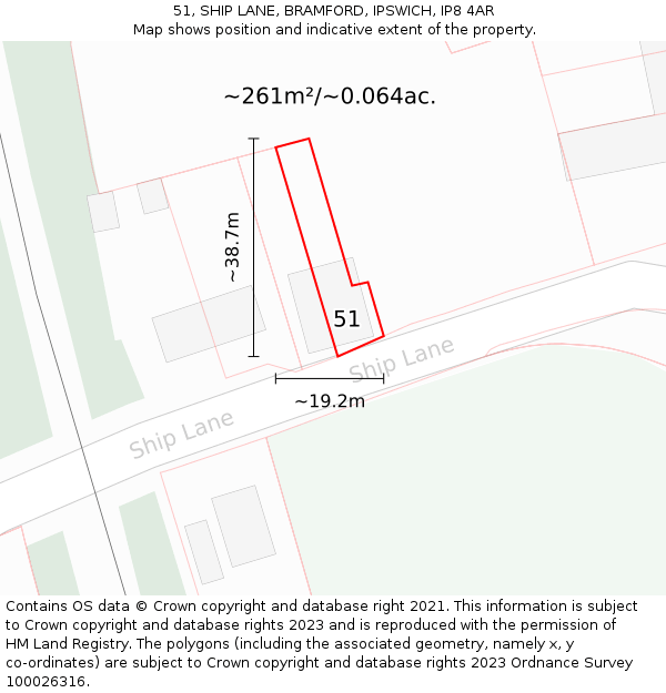 51, SHIP LANE, BRAMFORD, IPSWICH, IP8 4AR: Plot and title map