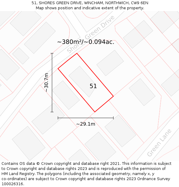 51, SHORES GREEN DRIVE, WINCHAM, NORTHWICH, CW9 6EN: Plot and title map