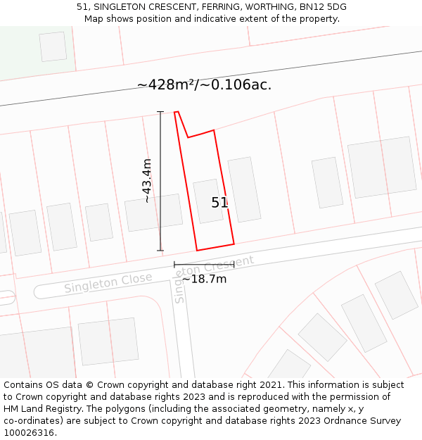 51, SINGLETON CRESCENT, FERRING, WORTHING, BN12 5DG: Plot and title map