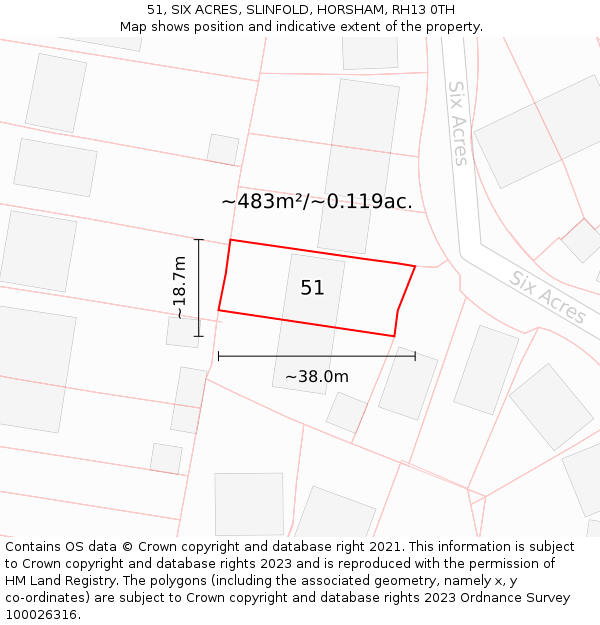 51, SIX ACRES, SLINFOLD, HORSHAM, RH13 0TH: Plot and title map
