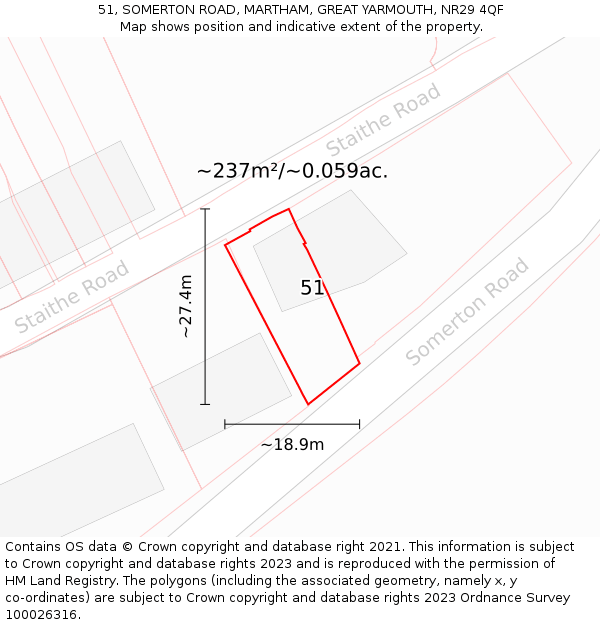 51, SOMERTON ROAD, MARTHAM, GREAT YARMOUTH, NR29 4QF: Plot and title map