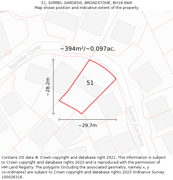 51, SORREL GARDENS, BROADSTONE, BH18 9WA: Plot and title map