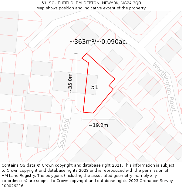 51, SOUTHFIELD, BALDERTON, NEWARK, NG24 3QB: Plot and title map