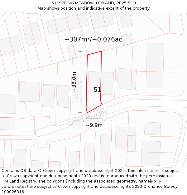 51, SPRING MEADOW, LEYLAND, PR25 5UR: Plot and title map