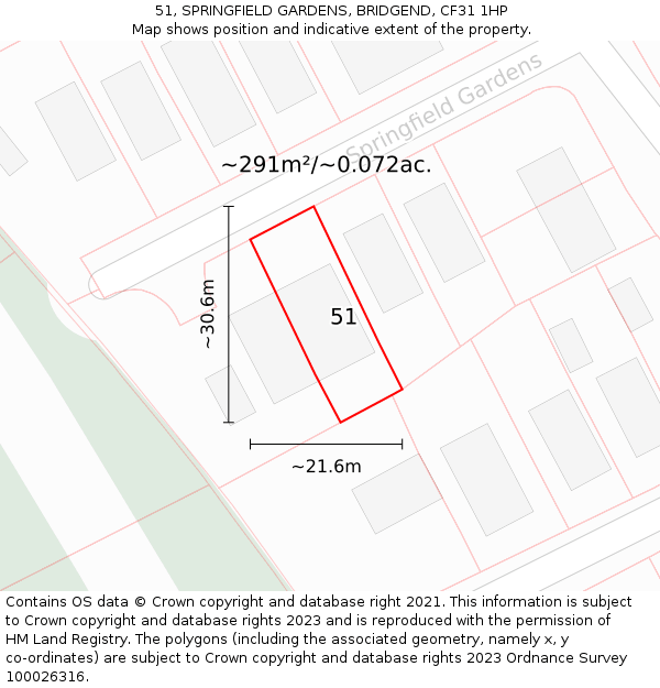 51, SPRINGFIELD GARDENS, BRIDGEND, CF31 1HP: Plot and title map