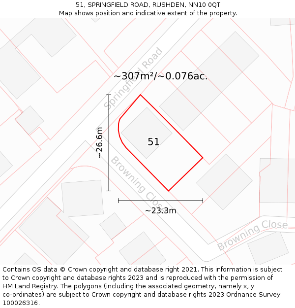 51, SPRINGFIELD ROAD, RUSHDEN, NN10 0QT: Plot and title map