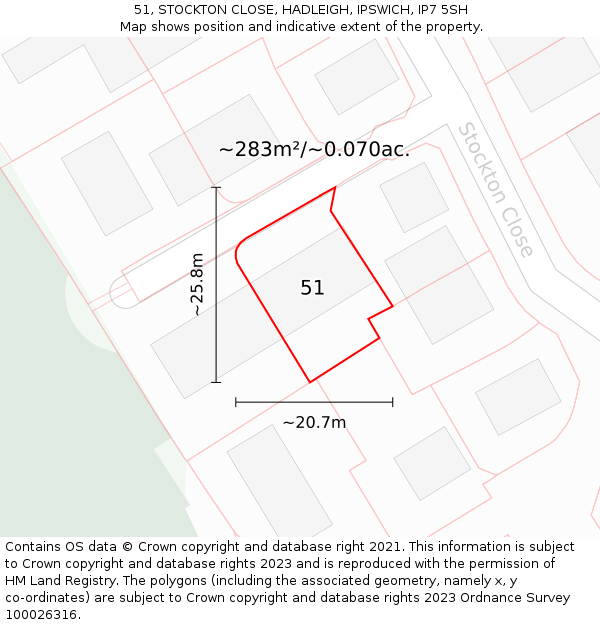 51, STOCKTON CLOSE, HADLEIGH, IPSWICH, IP7 5SH: Plot and title map