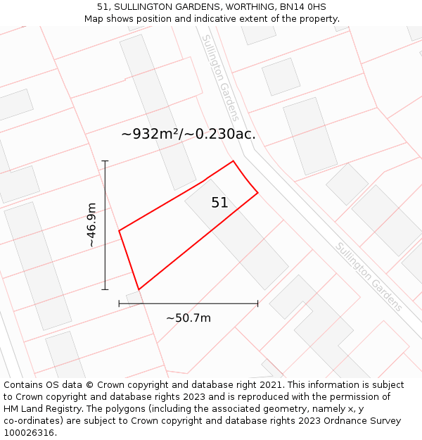 51, SULLINGTON GARDENS, WORTHING, BN14 0HS: Plot and title map