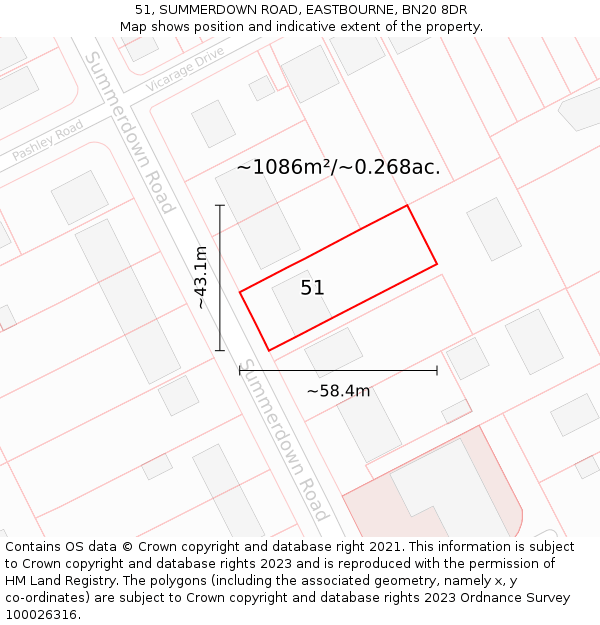 51, SUMMERDOWN ROAD, EASTBOURNE, BN20 8DR: Plot and title map