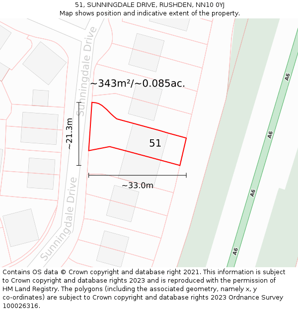 51, SUNNINGDALE DRIVE, RUSHDEN, NN10 0YJ: Plot and title map