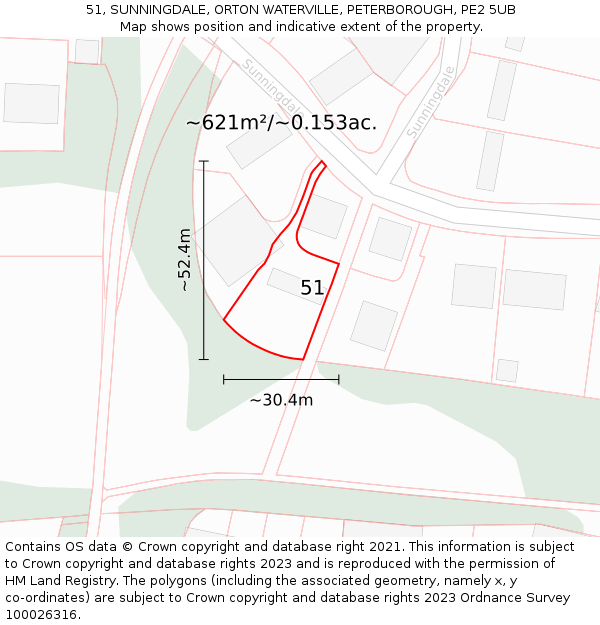 51, SUNNINGDALE, ORTON WATERVILLE, PETERBOROUGH, PE2 5UB: Plot and title map