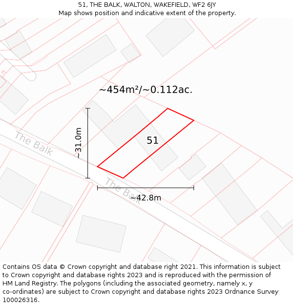 51, THE BALK, WALTON, WAKEFIELD, WF2 6JY: Plot and title map