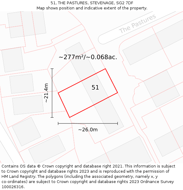 51, THE PASTURES, STEVENAGE, SG2 7DF: Plot and title map