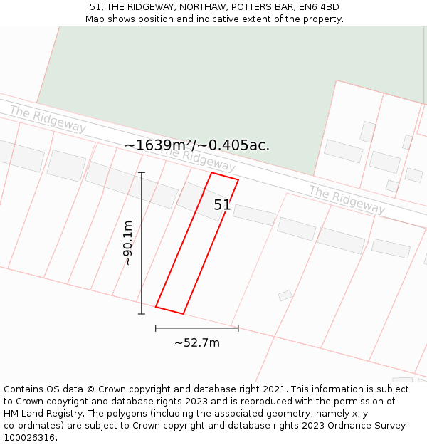 51, THE RIDGEWAY, NORTHAW, POTTERS BAR, EN6 4BD: Plot and title map