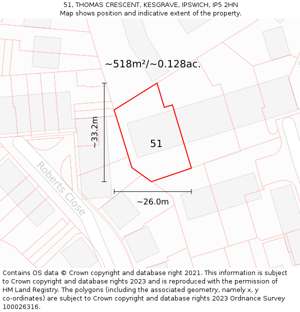 51, THOMAS CRESCENT, KESGRAVE, IPSWICH, IP5 2HN: Plot and title map