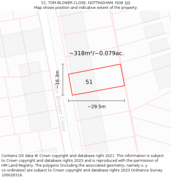 51, TOM BLOWER CLOSE, NOTTINGHAM, NG8 1JQ: Plot and title map