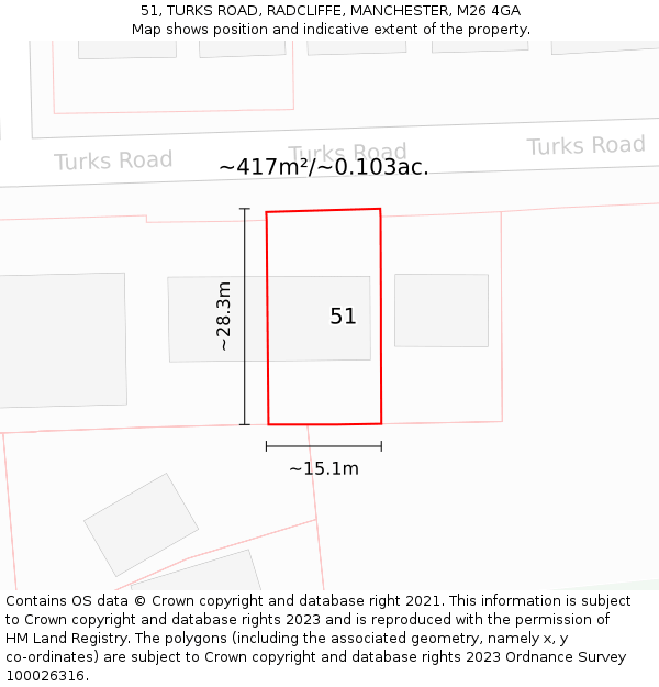 51, TURKS ROAD, RADCLIFFE, MANCHESTER, M26 4GA: Plot and title map