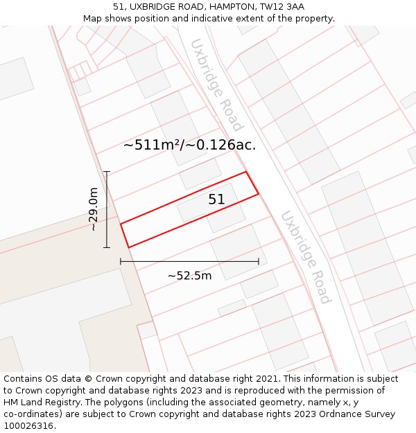 51, UXBRIDGE ROAD, HAMPTON, TW12 3AA: Plot and title map