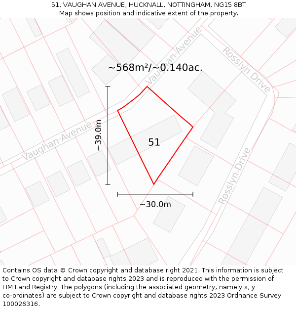 51, VAUGHAN AVENUE, HUCKNALL, NOTTINGHAM, NG15 8BT: Plot and title map