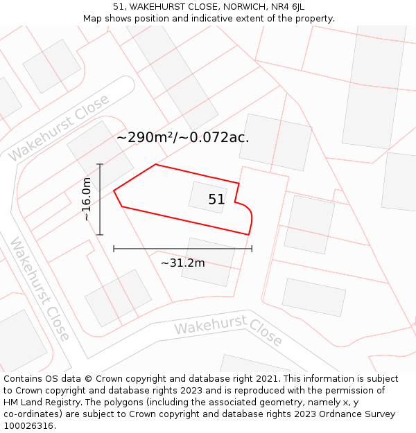 51, WAKEHURST CLOSE, NORWICH, NR4 6JL: Plot and title map