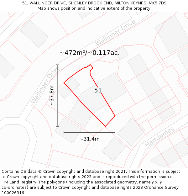 51, WALLINGER DRIVE, SHENLEY BROOK END, MILTON KEYNES, MK5 7BS: Plot and title map