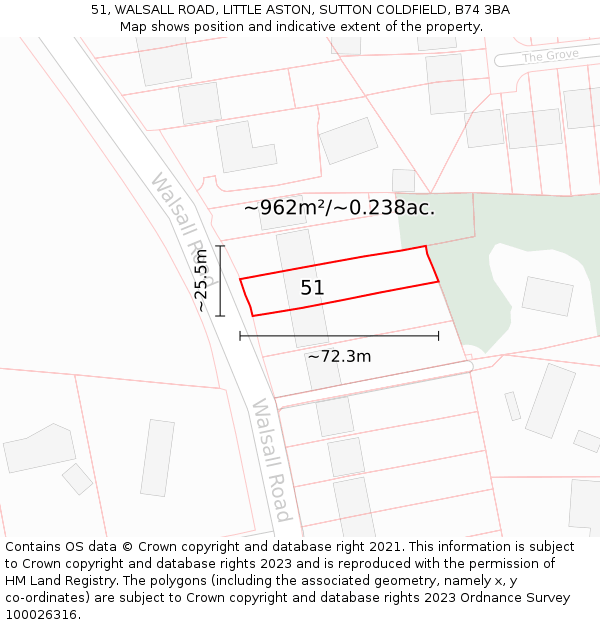 51, WALSALL ROAD, LITTLE ASTON, SUTTON COLDFIELD, B74 3BA: Plot and title map