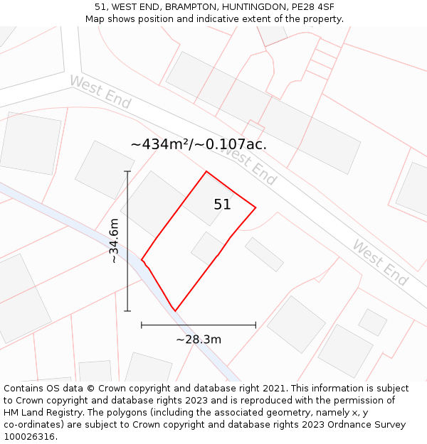 51, WEST END, BRAMPTON, HUNTINGDON, PE28 4SF: Plot and title map