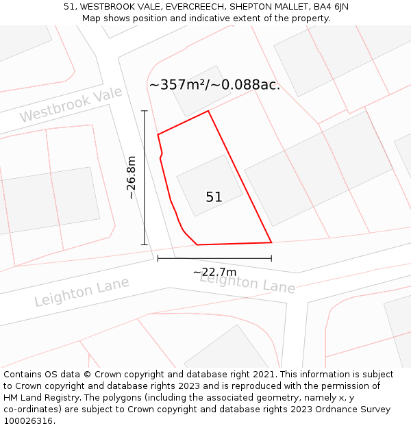 51, WESTBROOK VALE, EVERCREECH, SHEPTON MALLET, BA4 6JN: Plot and title map