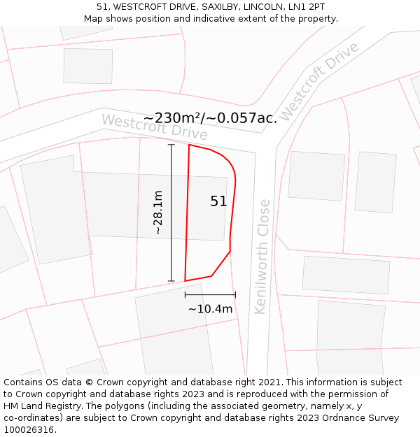 51, WESTCROFT DRIVE, SAXILBY, LINCOLN, LN1 2PT: Plot and title map