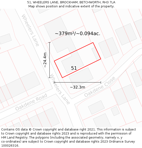 51, WHEELERS LANE, BROCKHAM, BETCHWORTH, RH3 7LA: Plot and title map