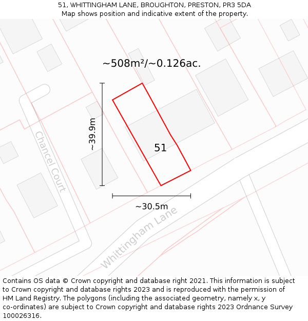 51, WHITTINGHAM LANE, BROUGHTON, PRESTON, PR3 5DA: Plot and title map