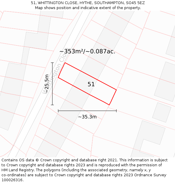 51, WHITTINGTON CLOSE, HYTHE, SOUTHAMPTON, SO45 5EZ: Plot and title map