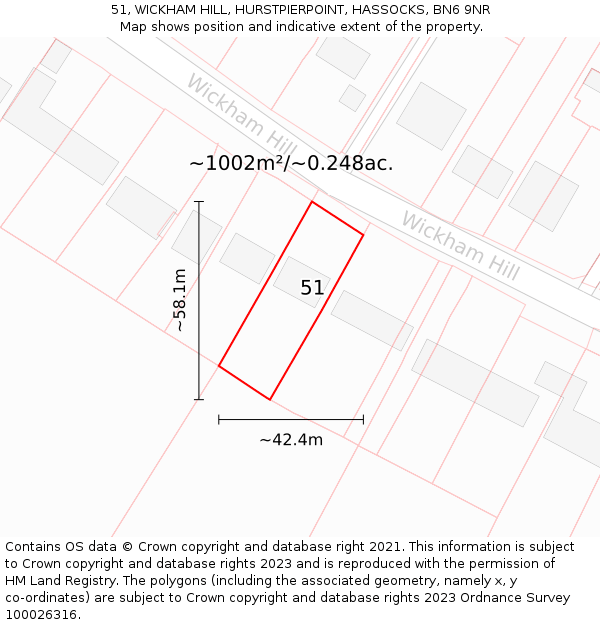 51, WICKHAM HILL, HURSTPIERPOINT, HASSOCKS, BN6 9NR: Plot and title map