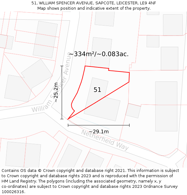 51, WILLIAM SPENCER AVENUE, SAPCOTE, LEICESTER, LE9 4NF: Plot and title map