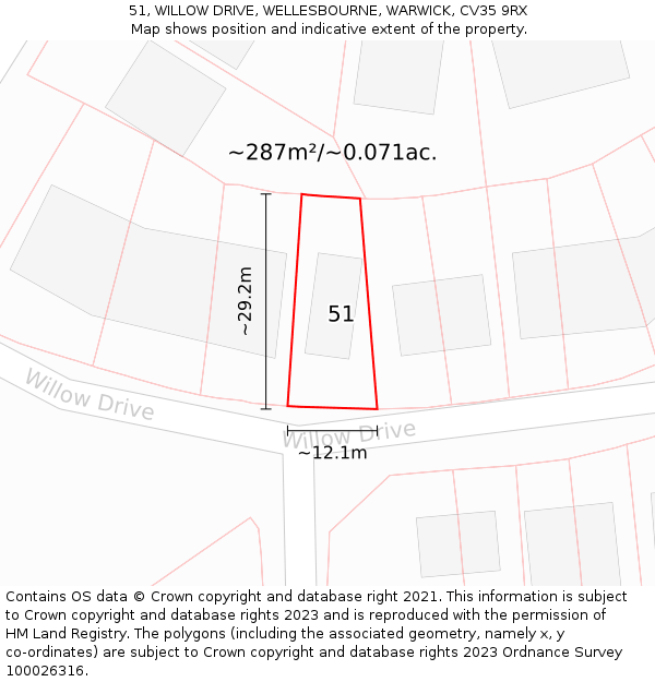 51, WILLOW DRIVE, WELLESBOURNE, WARWICK, CV35 9RX: Plot and title map