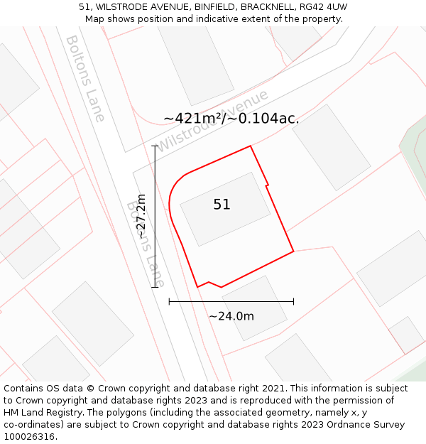 51, WILSTRODE AVENUE, BINFIELD, BRACKNELL, RG42 4UW: Plot and title map