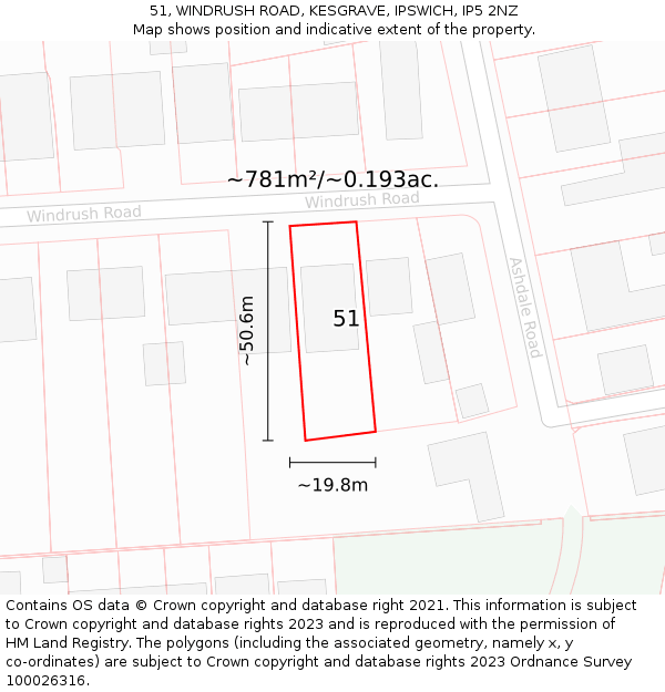 51, WINDRUSH ROAD, KESGRAVE, IPSWICH, IP5 2NZ: Plot and title map