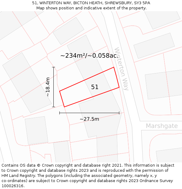 51, WINTERTON WAY, BICTON HEATH, SHREWSBURY, SY3 5PA: Plot and title map