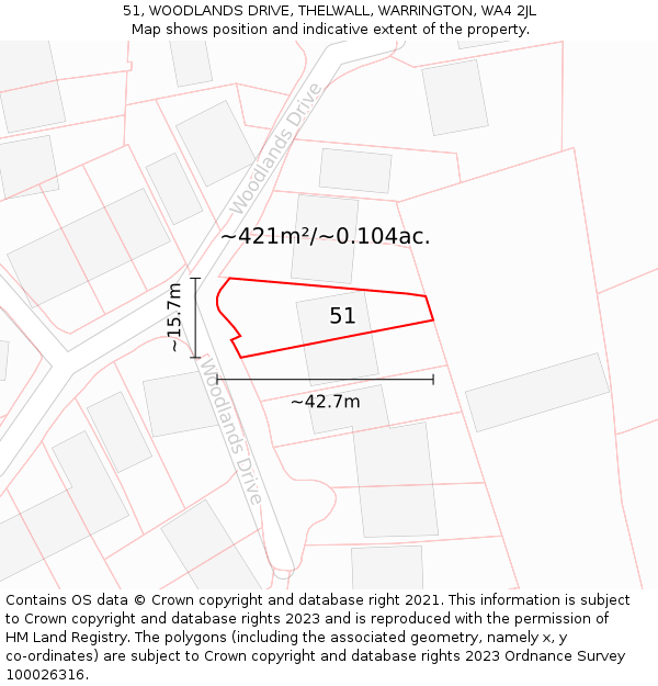 51, WOODLANDS DRIVE, THELWALL, WARRINGTON, WA4 2JL: Plot and title map