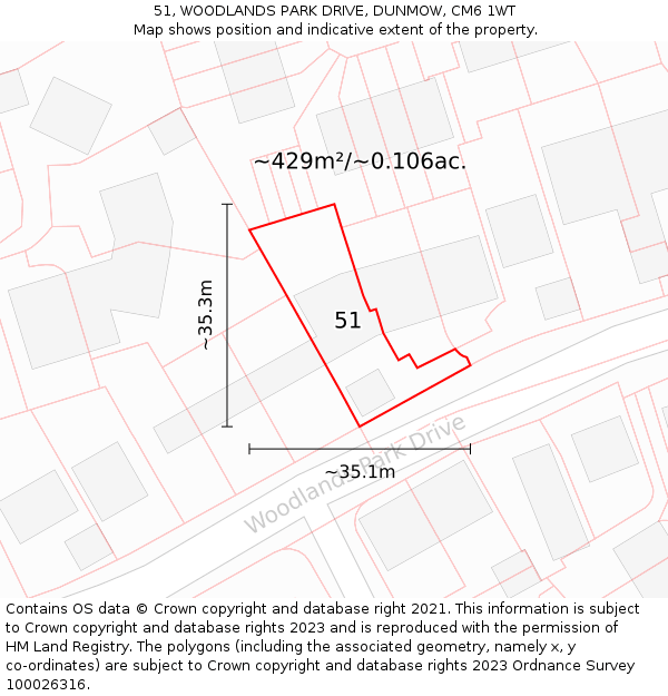 51, WOODLANDS PARK DRIVE, DUNMOW, CM6 1WT: Plot and title map