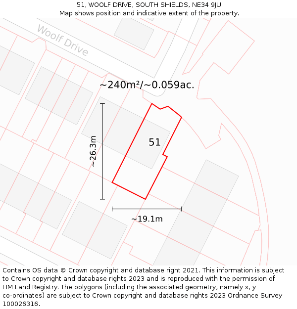 51, WOOLF DRIVE, SOUTH SHIELDS, NE34 9JU: Plot and title map