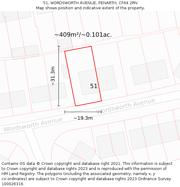 51, WORDSWORTH AVENUE, PENARTH, CF64 2RN: Plot and title map