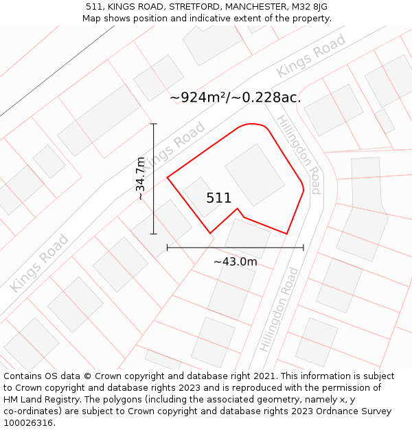511, KINGS ROAD, STRETFORD, MANCHESTER, M32 8JG: Plot and title map