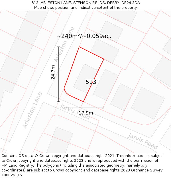 513, ARLESTON LANE, STENSON FIELDS, DERBY, DE24 3DA: Plot and title map
