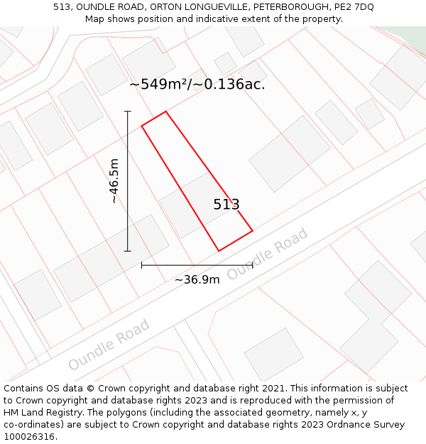 513, OUNDLE ROAD, ORTON LONGUEVILLE, PETERBOROUGH, PE2 7DQ: Plot and title map