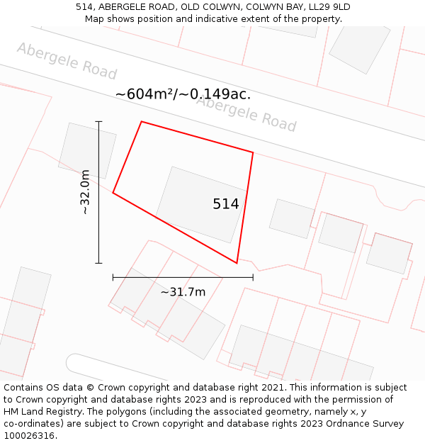 514, ABERGELE ROAD, OLD COLWYN, COLWYN BAY, LL29 9LD: Plot and title map