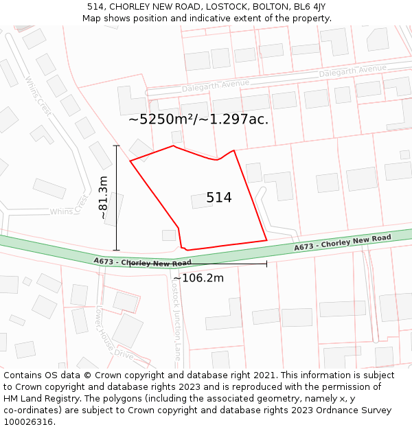 514, CHORLEY NEW ROAD, LOSTOCK, BOLTON, BL6 4JY: Plot and title map