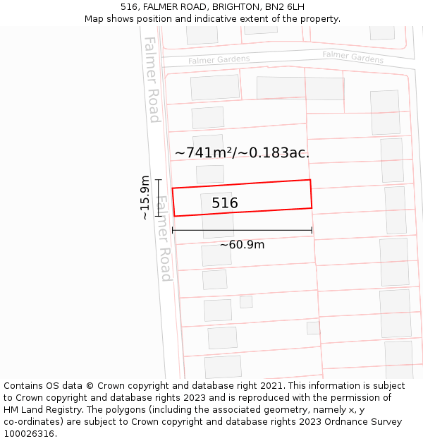 516, FALMER ROAD, BRIGHTON, BN2 6LH: Plot and title map
